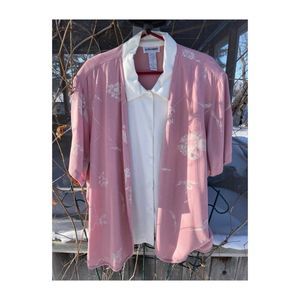 Vintage 90s Grannycore Twin Set Shirt Top Pink White Linen Blend Collared Volup